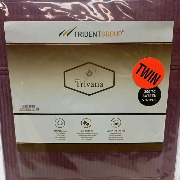 Trident Twin Sheet Set 300 TC Sateen Stripes Dark Pink Twin Size New - Picture 9 of 10